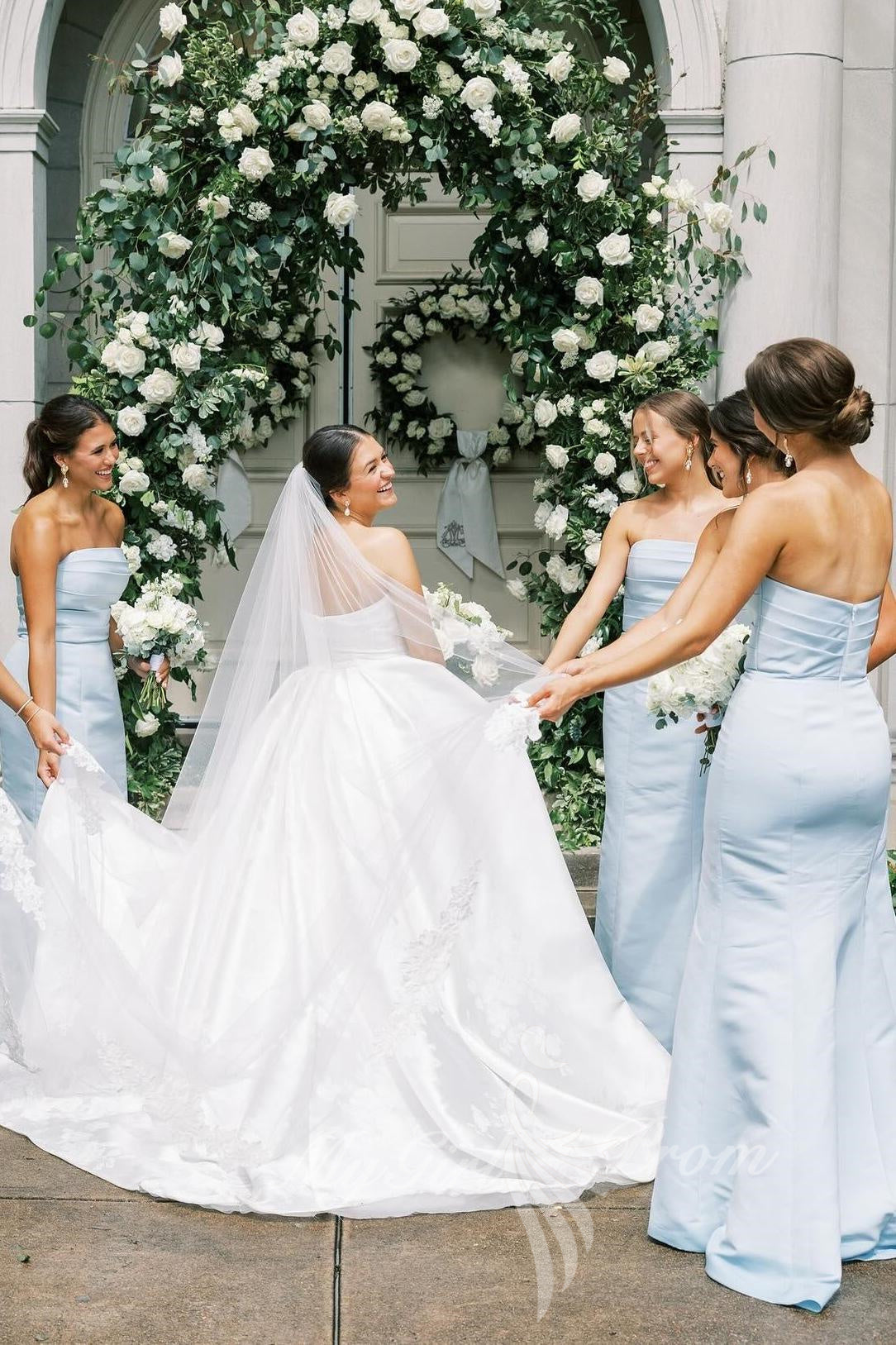 Strapless Light Blue Ruched Satin Fitted Long Bridesmaid Dresses GB404