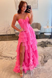Sweetheart A Line Chiffon Prom Dress Hot Pink Formal Dress with Slit Ruffles GP769