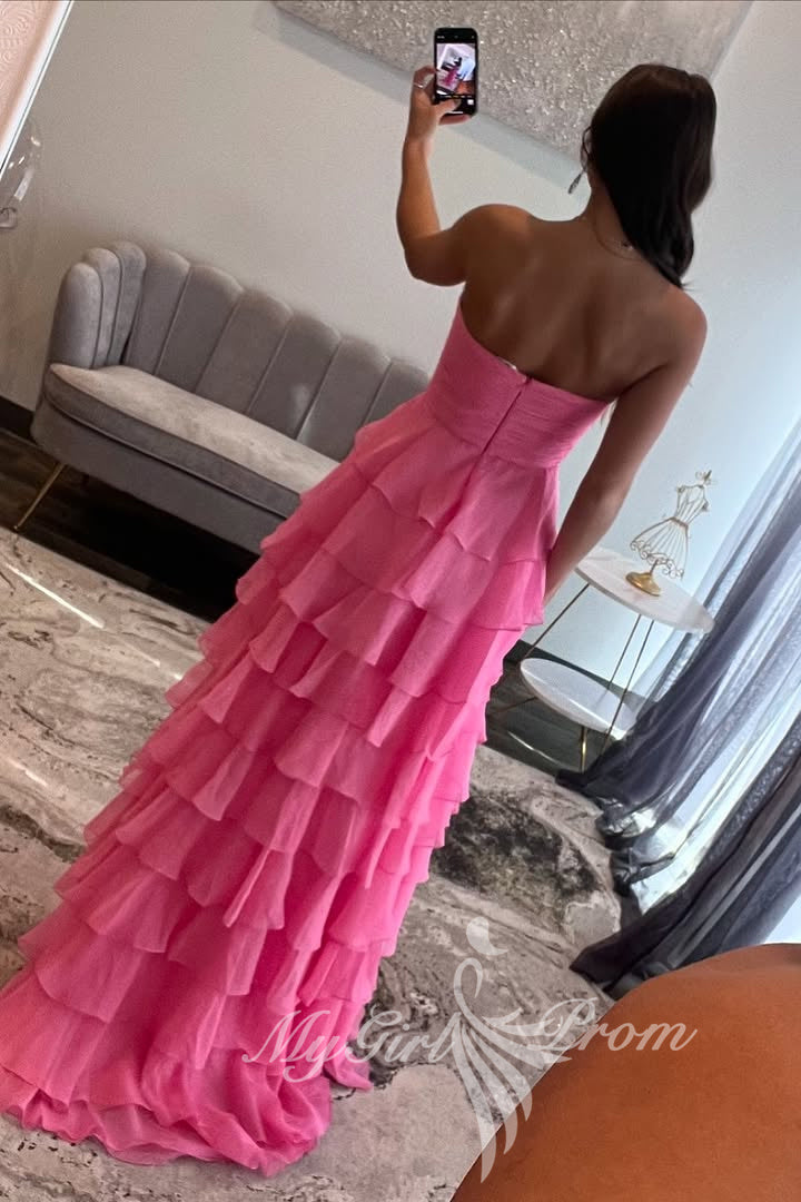 Sweetheart A Line Chiffon Prom Dress Hot Pink Formal Dress with Slit Ruffles GP769