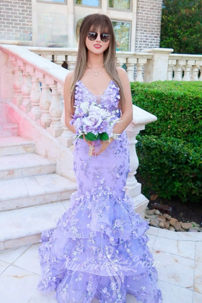 Mermaid Lavender Prom Dress Tiered Evening Gowns with 3D Appliques GP725