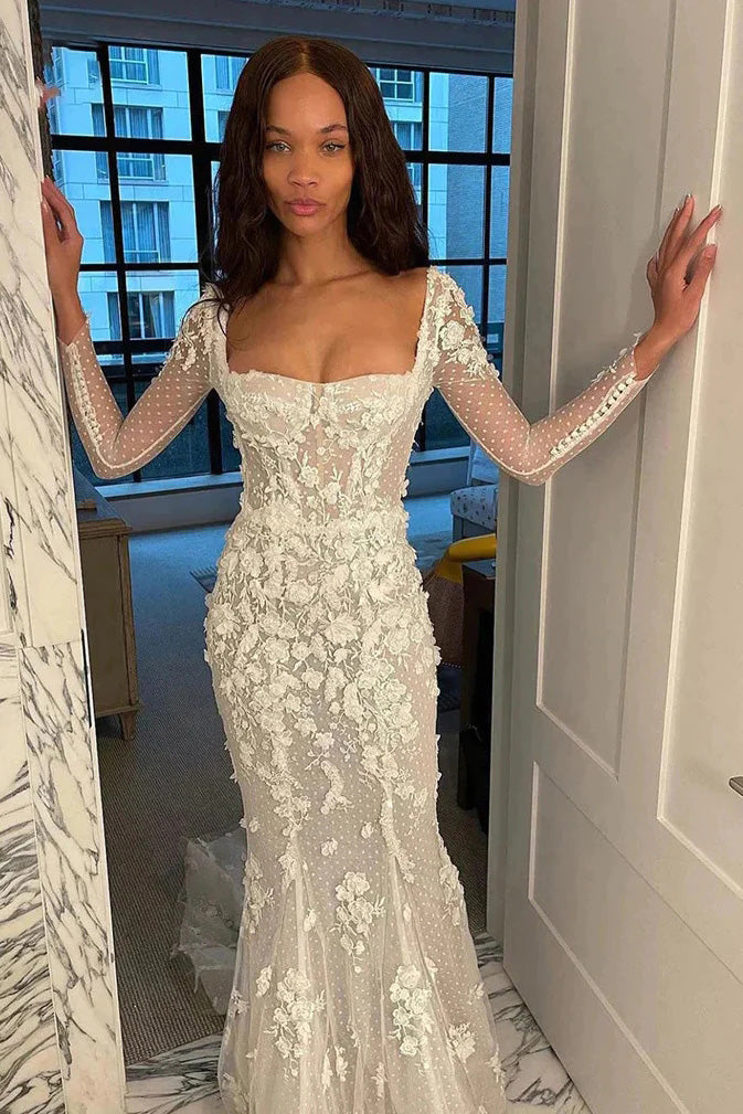 Square Neck Mermaid Long Sleeves Dots Lace Appliques Boho Wedding Dress PW556