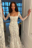 Square Neck Mermaid Long Sleeves Dots Lace Appliques Boho Wedding Dress PW556