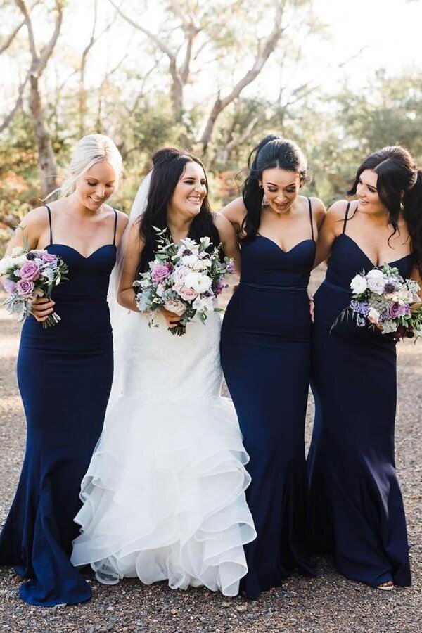 Mermaid Spaghetti Straps Navy Blue Bridesmaid Dresses PB13