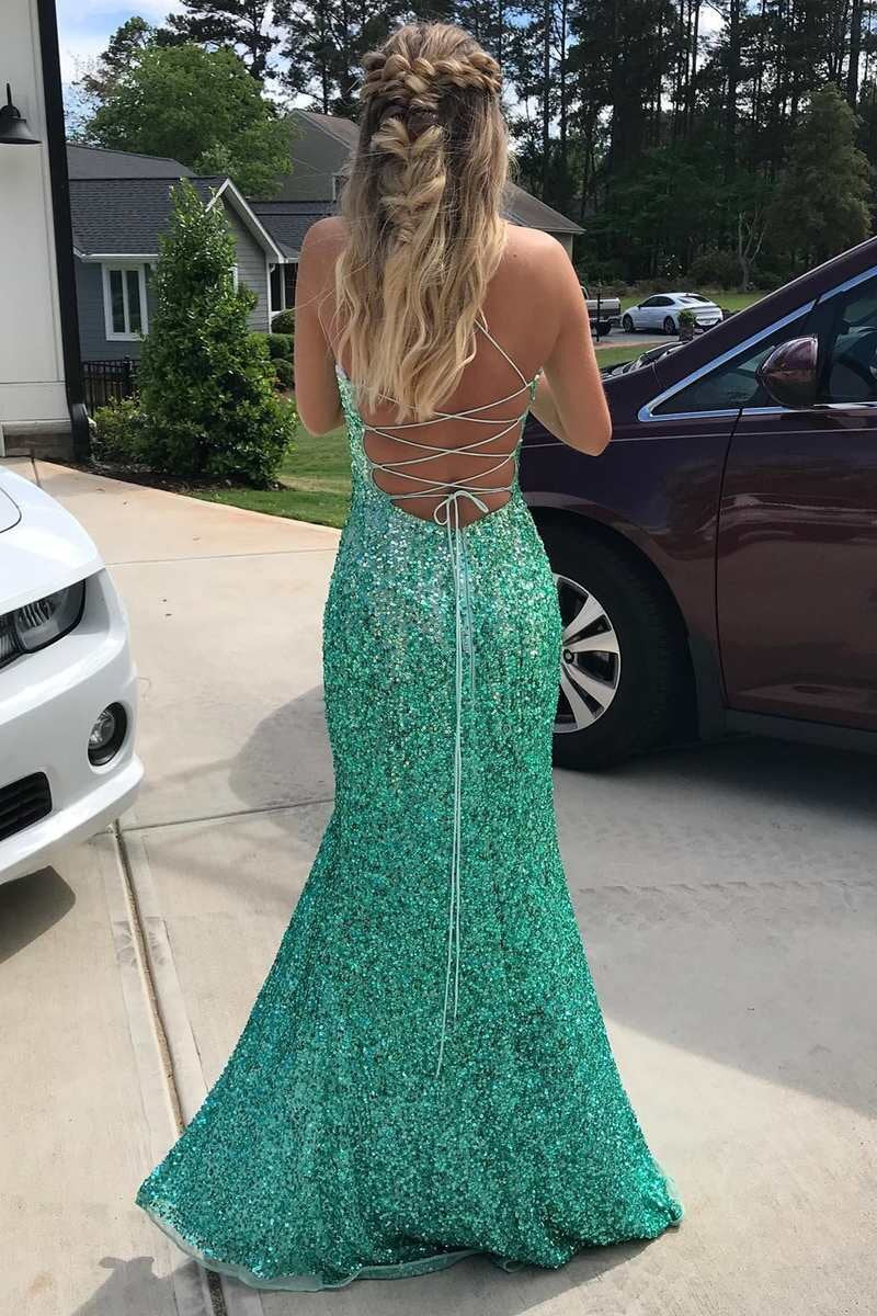 Mint Green Sequin Prom Dress Lace-Up Back Mermaid Slit Long Formal Dress GP666