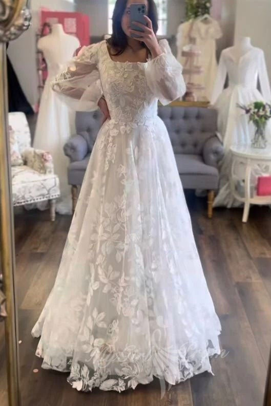 Modest Long Puffy Sleeve Lace Applique A-Line Wedding Dresses PW606