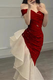Shiny Off Shoulder Pink Mermaid Prom Dress With Ruffle, Sequin Formal Dress GP690