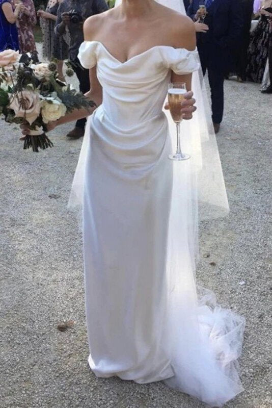 Off The Shoulder Pleated Sheath Long Wedding Gown, Simple Bridal Gown PW565