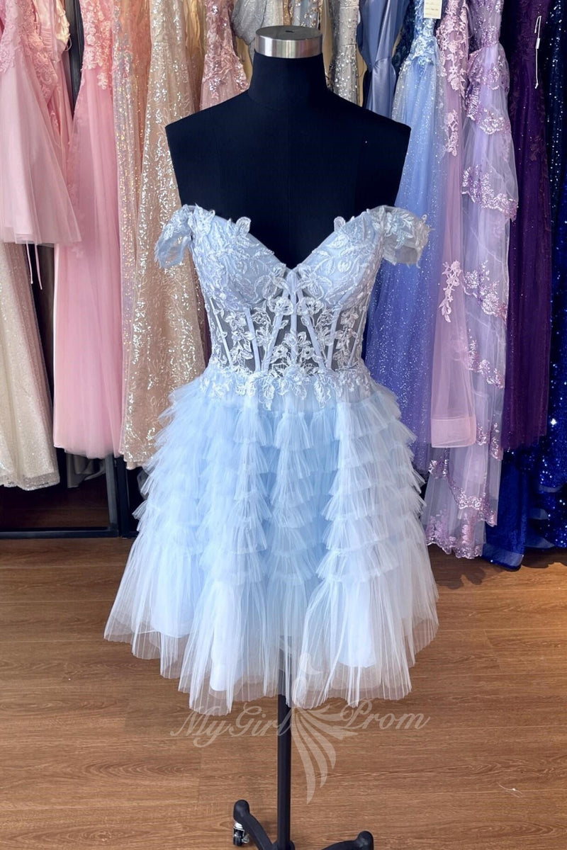 Off the Shoulder Light Blue Appliques Ruffles Short Homecoming Dress GM706