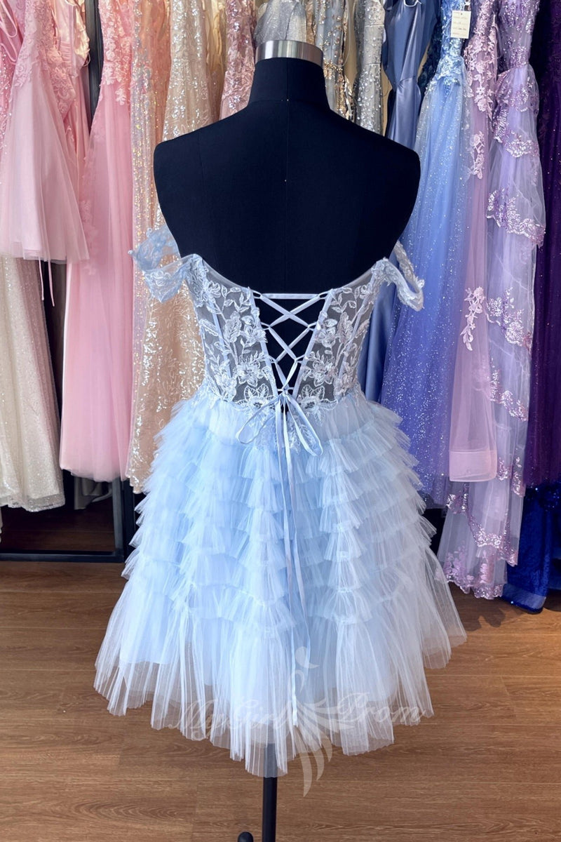Off the Shoulder Light Blue Appliques Ruffles Short Homecoming Dress GM706