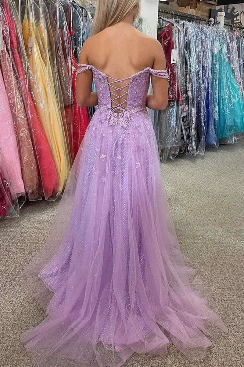 off the shoulder lilac long prom dresses glitter formal evening dresses