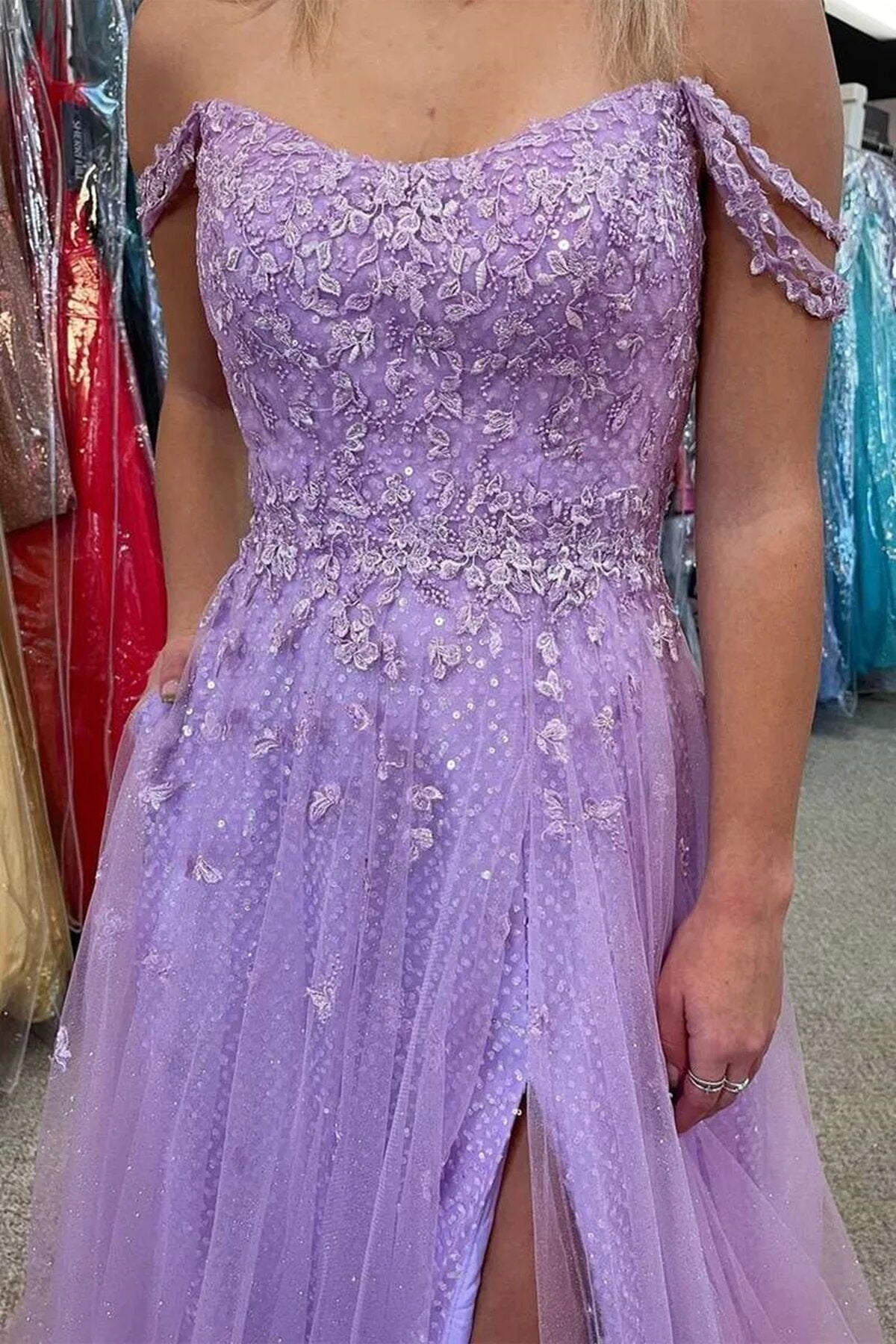 off the shoulder lilac long prom dresses glitter formal evening dresses