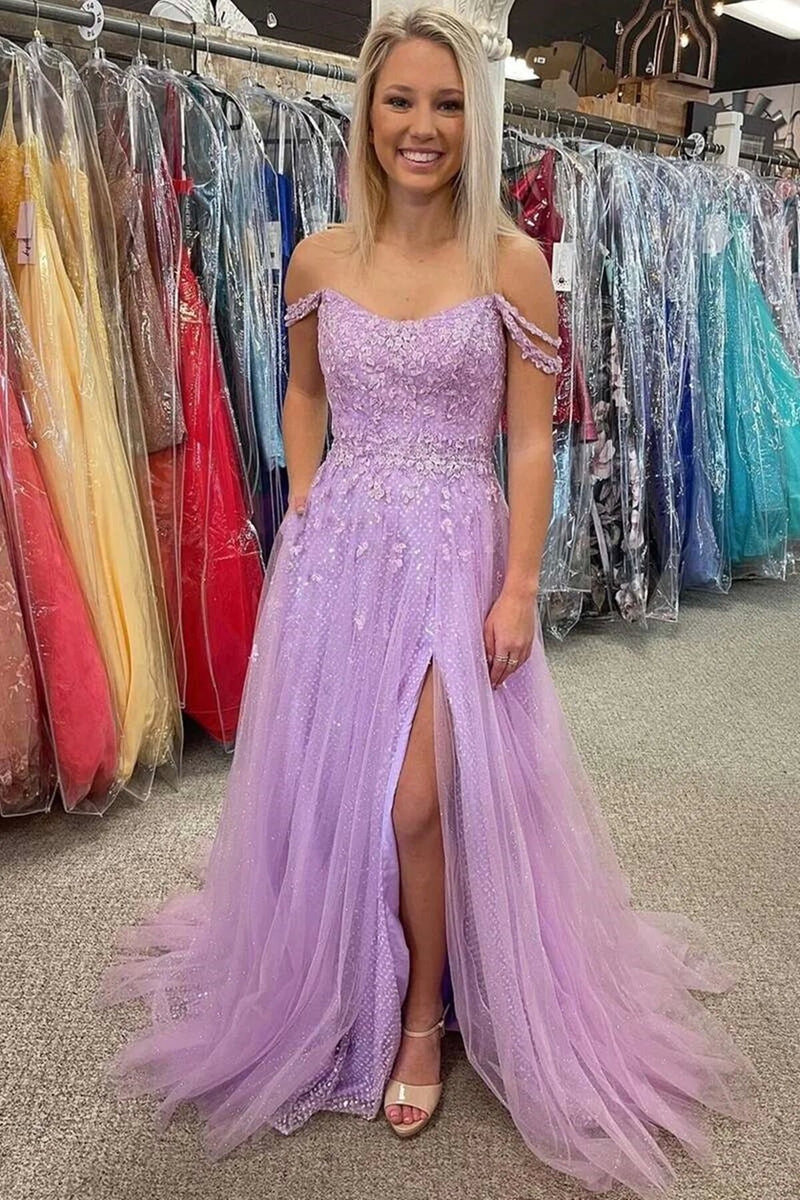 off the shoulder lilac long prom dresses glitter formal evening dresses