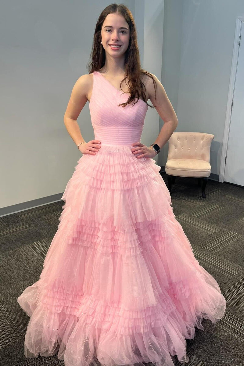 one shoulder pink tulle long prom dresses glitter tiered formal gown