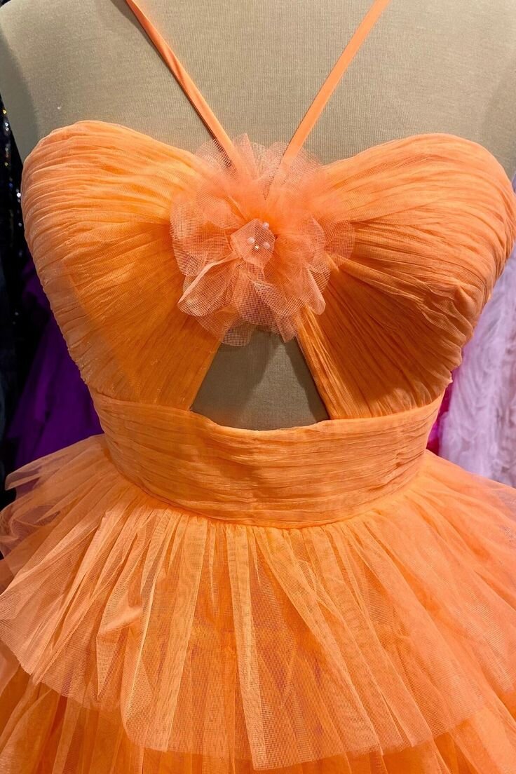 Orange Tulle Short Homecoming Dress With Keyhole Tiered Skirt Dress