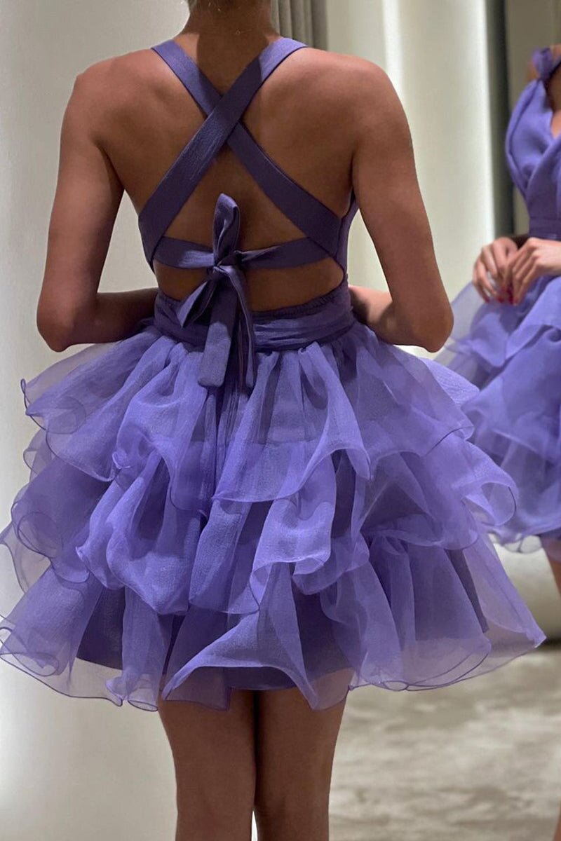 Organza Purple Short Prom Dresses A Line Tiered V-Neck Homecoming Dress GM697