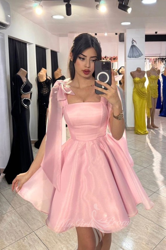 Pink Homecoming Dress with Bow Shoulder Ties A-line Short Party Gown