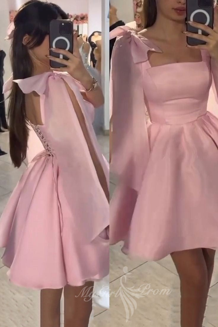 Pink Homecoming Dress with Bow Shoulder Ties A-line Short Party Gown