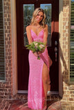 hot pink sequin long prom dresses sparkly mermaid slit evening gowns