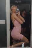 pink sheath sequins mini homecoming dress tight short prom dress