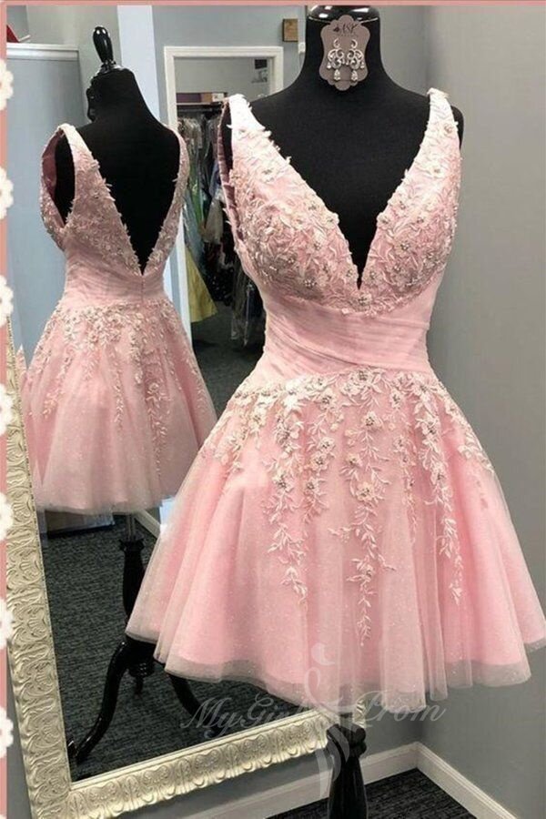 Pink V-neck Floral Appliques Tulle Homecoming Dress Mini Graduation Dress GM714