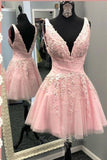 Pink V-neck Floral Appliques Tulle Homecoming Dress Mini Graduation Dress GM714