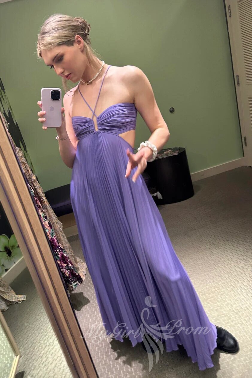 Pleated Halter Prom Maxi Dresses Lavender A-line Cut out Formal Dress GP778
