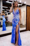 plunging v neck embroidery lace blue mermaid long prom dress with slit