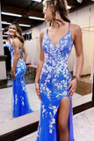 plunging v neck embroidery lace blue mermaid long prom dress with slit