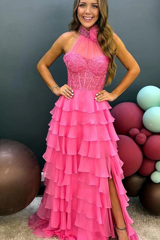 princess chiffon long prom dresses with lace bodice and ruffle skirt