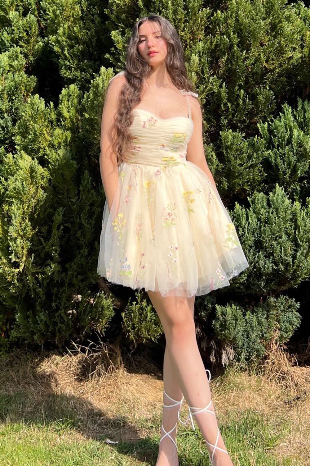 Princess Embroidery Tulle Short Party Dress, Champagne Homecoming Dress GM674