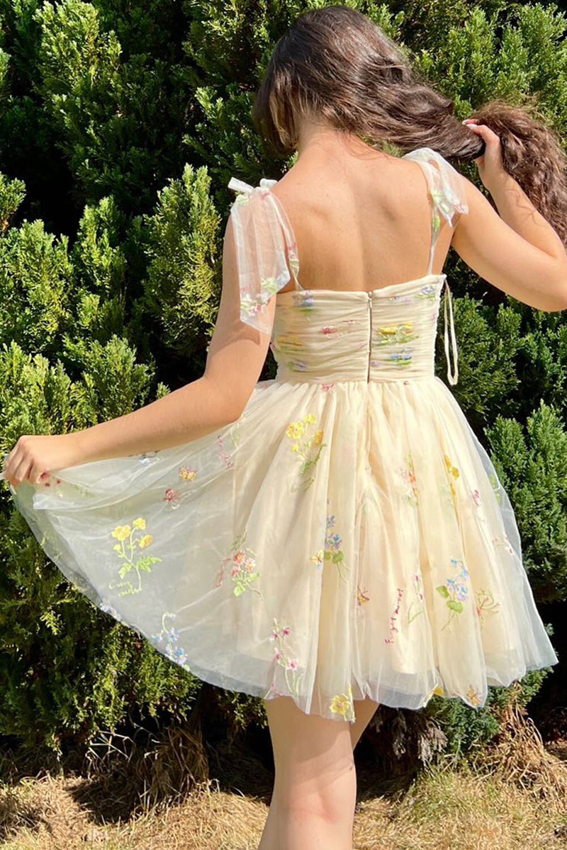 Princess Embroidery Tulle Short Party Dress, Champagne Homecoming Dress GM674