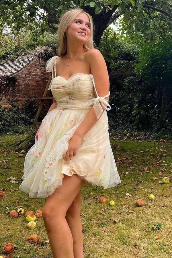 Princess Embroidery Tulle Short Party Dress, Champagne Homecoming Dress GM674