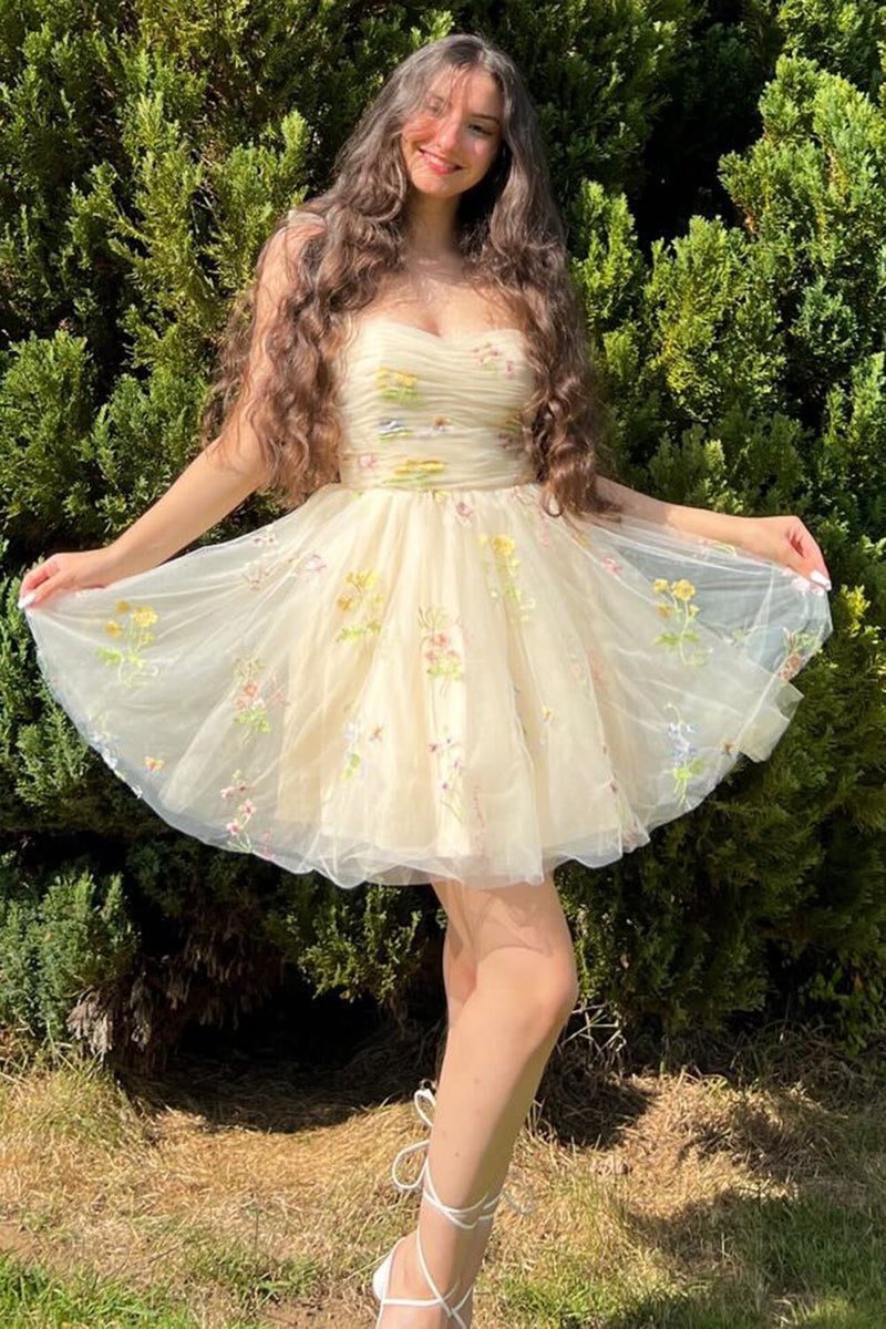 Princess Embroidery Tulle Short Party Dress, Champagne Homecoming Dress GM674