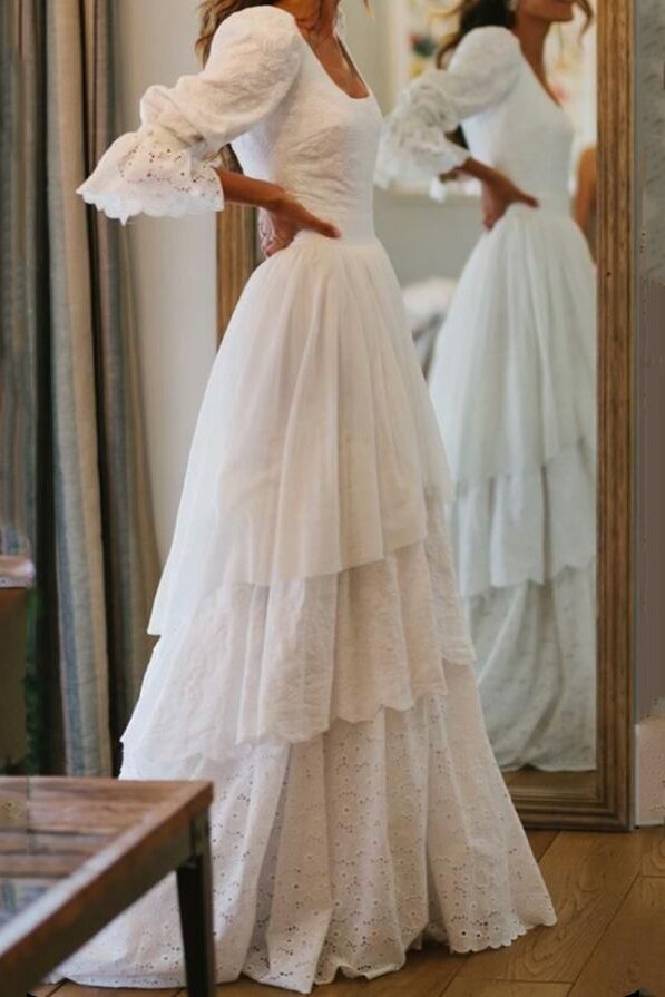 princess layered lace wedding dress 3 4 sleeves vintage bridal gown