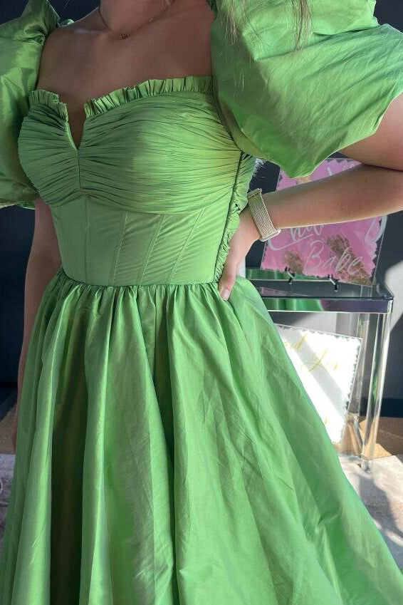 Princess Puff Sleeves Green Long Prom Dress with Tie Bow Back GP647
