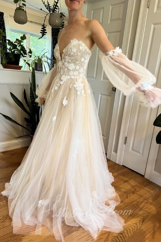 Princess Puffy Detachable Sleeves Appliques Tulle Boho Wedding Dresses PW603