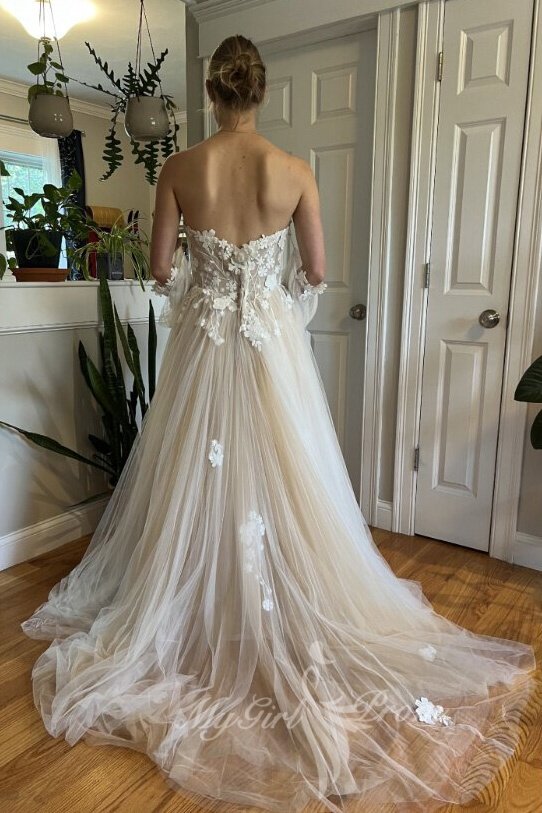 Princess Puffy Detachable Sleeves Appliques Tulle Boho Wedding Dresses PW603