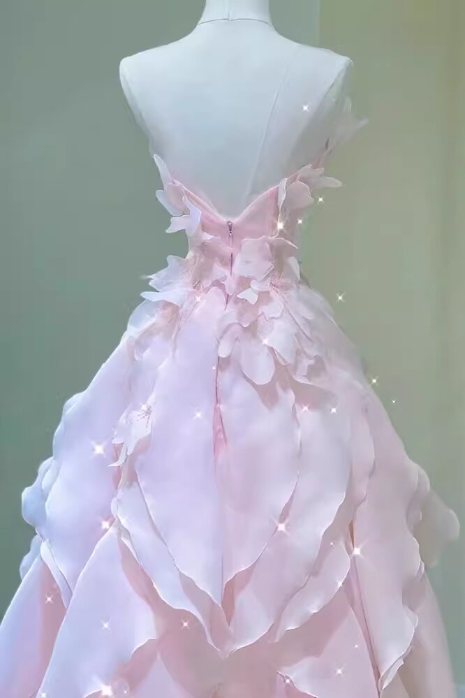 Princess Strapless Long Ball Gown Pink Ruffle Prom Dress, Organza Formal Gown GP677