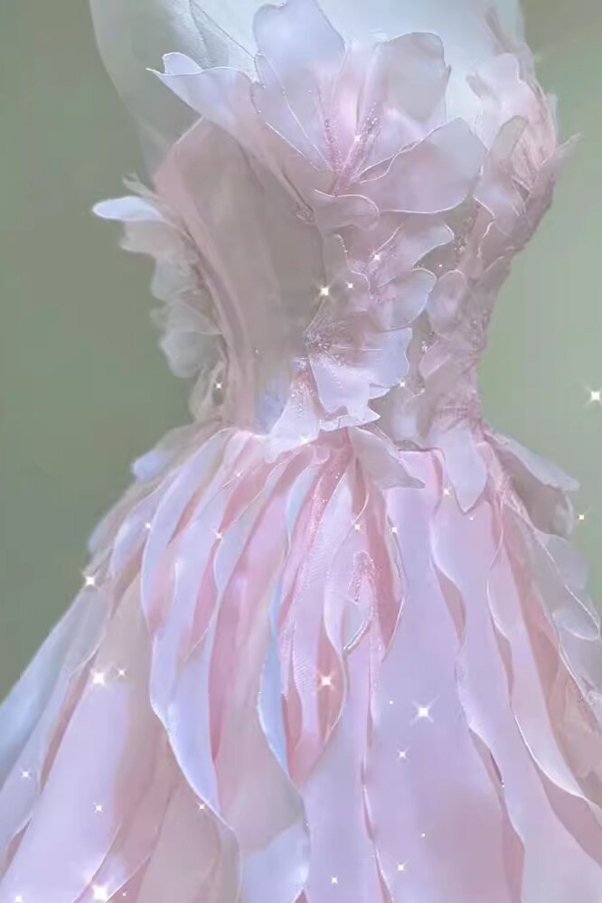 Princess Strapless Long Ball Gown Pink Ruffle Prom Dress, Organza Formal Gown GP677