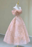 Princess Tea Length Floral Lace Tulle Prom Party Dress, Pink Graduation Dress GP694