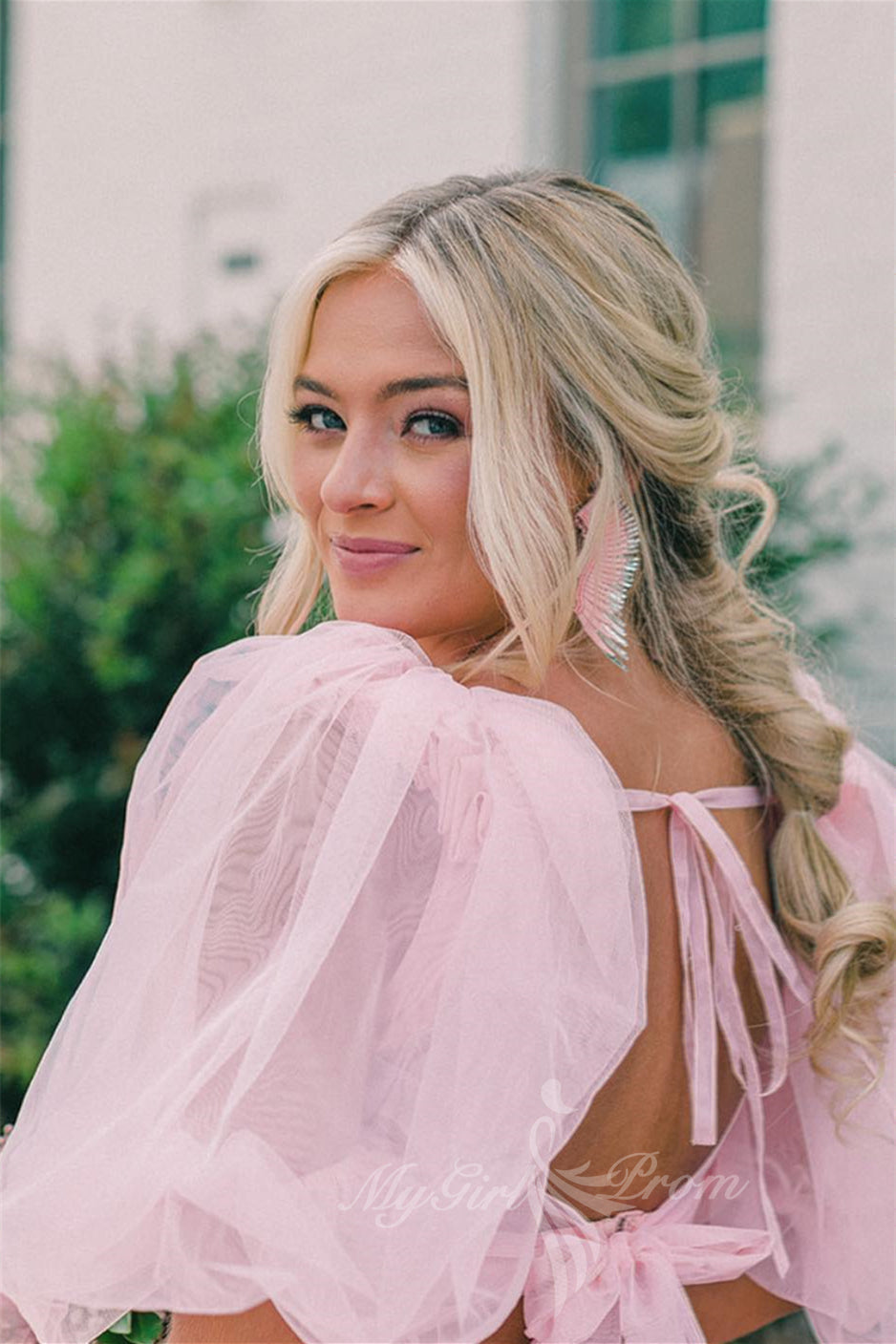 princess two piece puffy sleeves pink prom dresses layers tulle graduation dress with slit