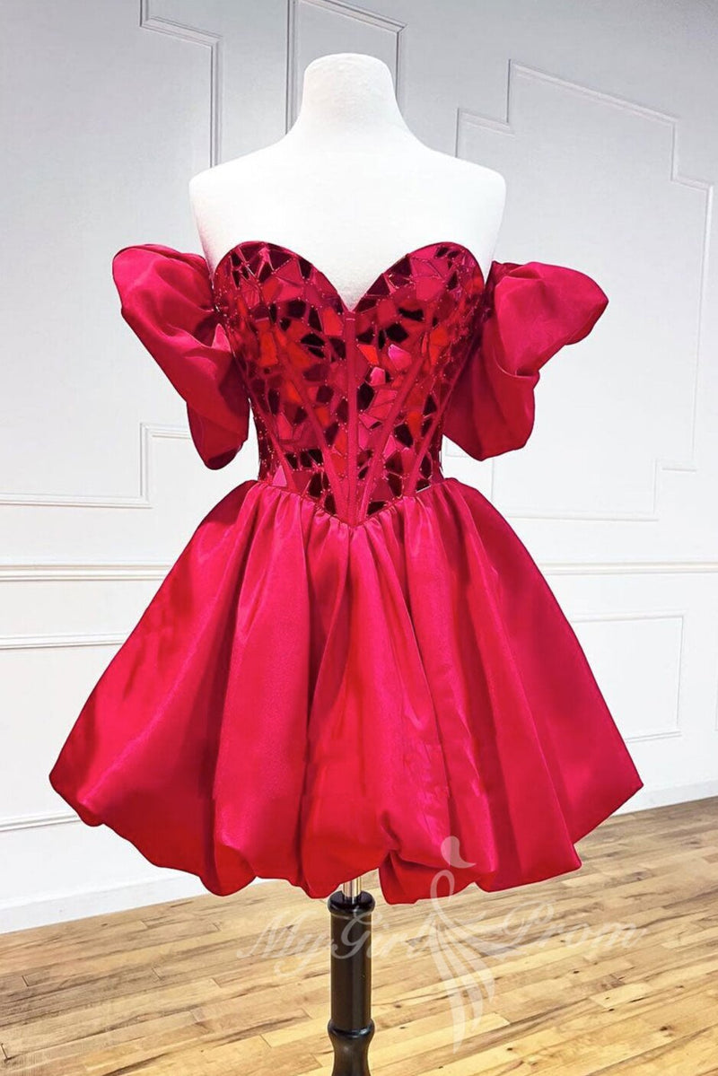 puffy satin short sleeves red prom dresses cute short homecoming dress