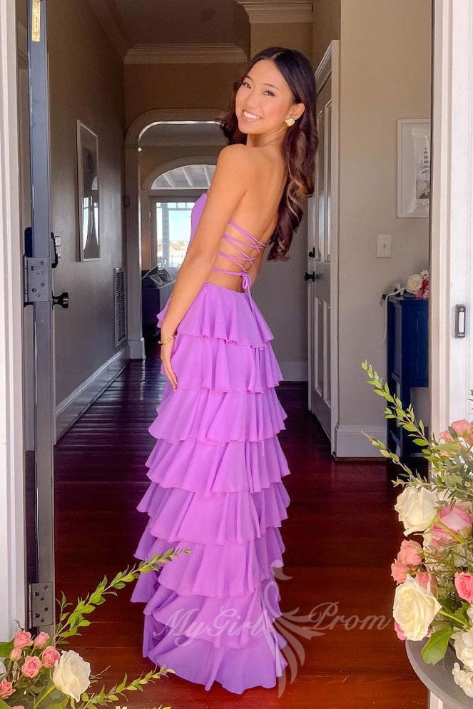 Purple Chiffon Ruffle Slit Long Prom Dress Strapless Backless Formal Dress GP816