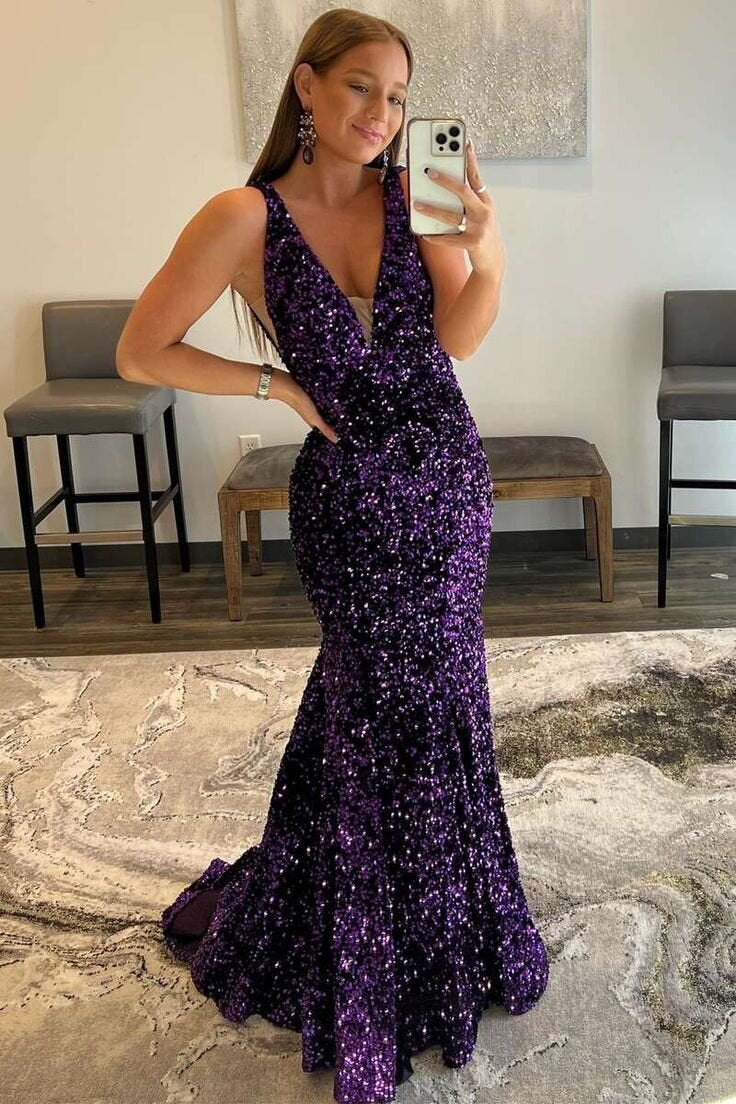 Sequined Deep V Neck Mermaid Prom Dress, Glitter Formal Gown GP693