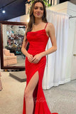 Red Cowl Neck Cutout Back Ruching Long Prom Dress, Simple Evening Gown with Slit GP516