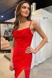 red cowl neck cutout back ruching long prom dress simple evening gown with slit