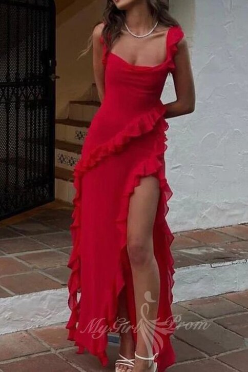 Red Fluttery Ruffles Chiffon Long Prom Dress Slit Evening Dress GP590