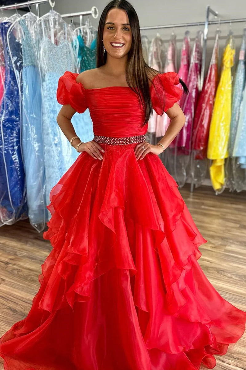 hot pink organza beading prom dresses short sleeves formal evening dress