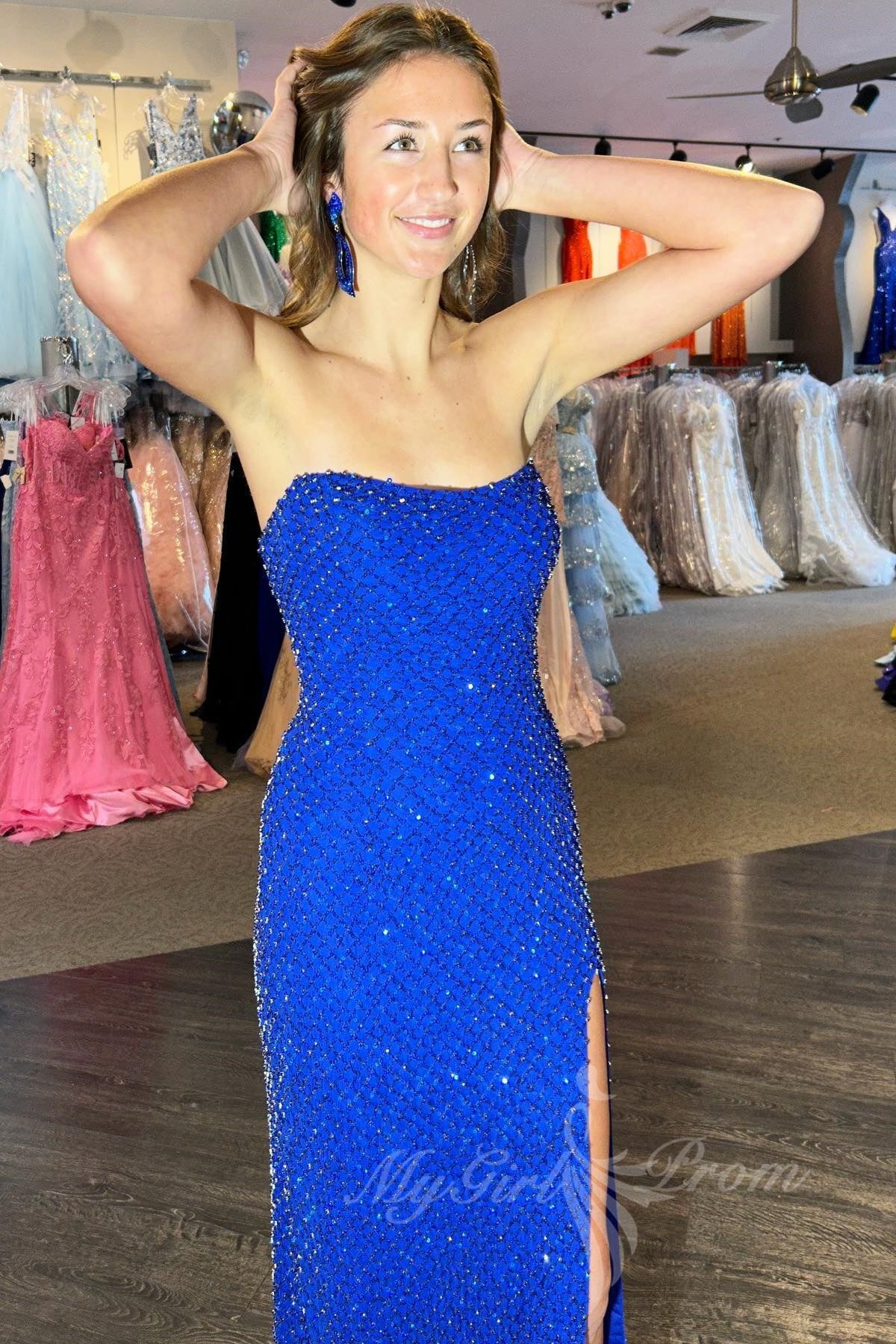 red fitted strapless beaded grid long prom dresses slit evening gowns