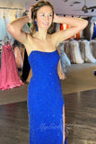 red fitted strapless beaded grid long prom dresses slit evening gowns